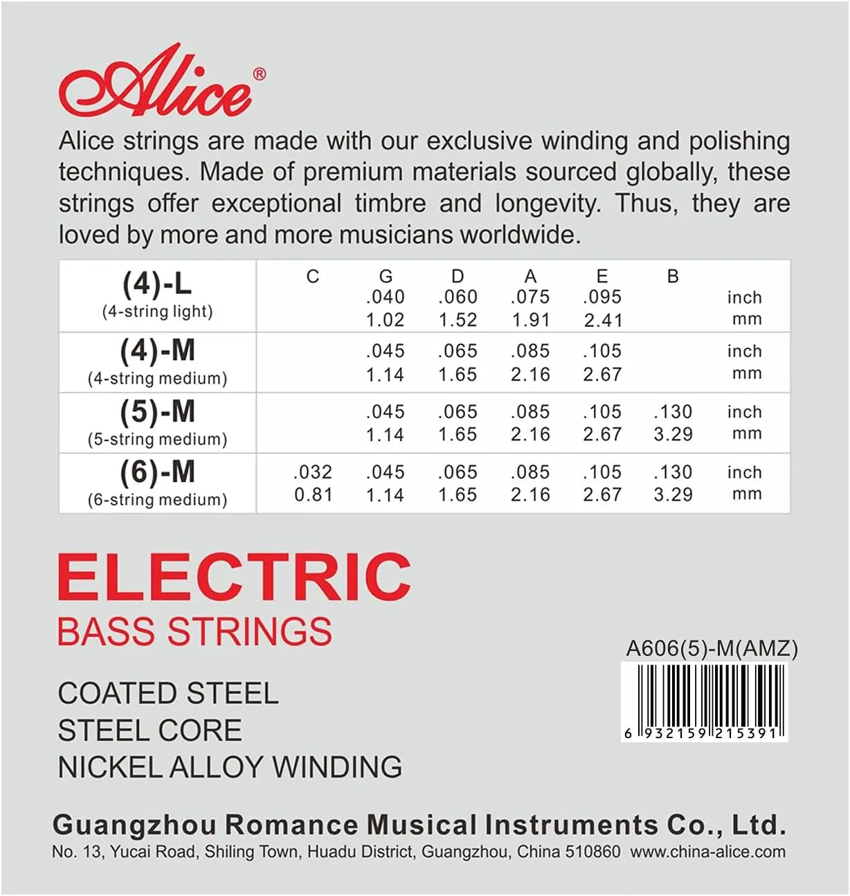 Cuerdas Alice A606(5)-M 45-130 para Bajo de 5 Cuerdas 5